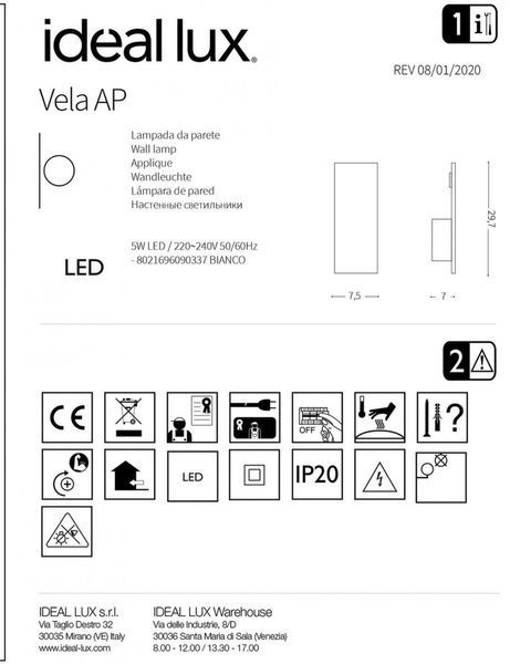 Бра, настінний світильник Ideal Lux IL90337 VELA AP LED 5W 180lm 3000K білий IL90337 фото