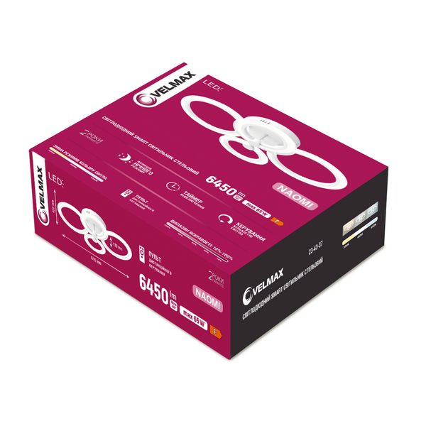 LED світильник VELMAX V-CL-NAOMI-R-65SWh, max 65W, 3000K-6500K, пульт, блок живлення, білий, 230V 23-43-37 фото