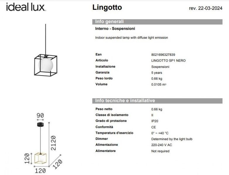 Люстра підвісна IDEAL LUX IL327839 LINGOTTO SP1 NERO 1хG9 IP20 білий, чорний IL327839 фото