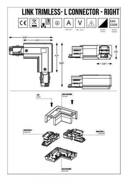 Соединитель Ideal Lux IL169736 LINK 3-PHASE TRIMLESS L-CONNECTOR RIGHT ON-OFF WH белый IL169736 фото