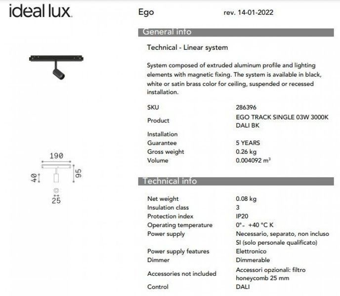 Светильник трековый Ideal-lux IL286402 EGO TRACK SINGLE 03W 3000K DALI WH IL286402 фото