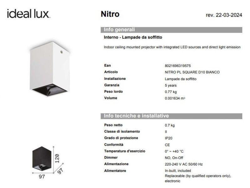 Точковий світильник Ideal Lux IL319575 NITRO PL SQUARE D10 BIANCO 3000K IP20 білий IL319575 фото