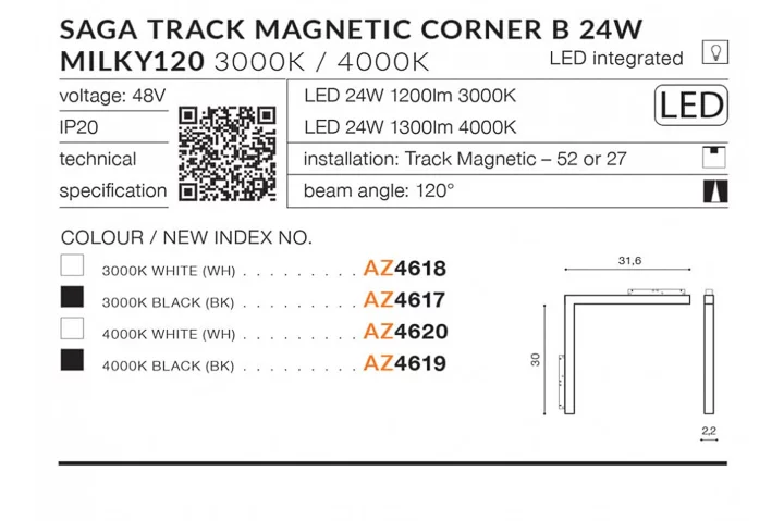 Магнітний лінійний світильник Azzardo AZ4618 ALFA SAGA TRACK MAGNETIC CORNER B 24W 3000K WH AZ4618 фото