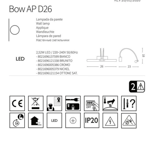 Бра, підсвічування для дзеркал BOW AP D26 CROMO IDEAL LUX IL5386 LED 3W 150lm 3000K хром IL5386 фото