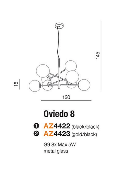 Підвісний світильник, люстра AZzardo AZ4423 OVIEDO 8 GO/BK AZ4423 фото