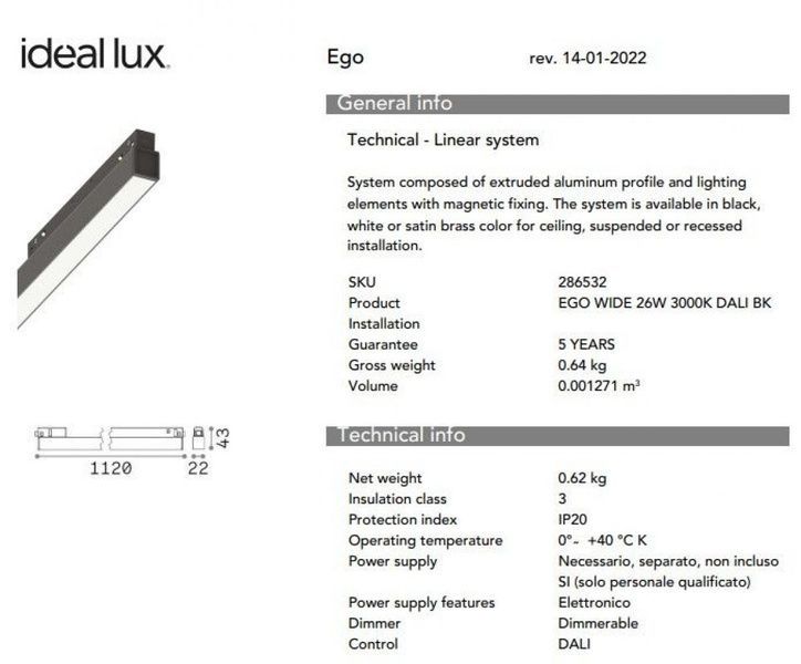 Світильник трековий IDEAL LUX IL303833 EGO WIDE 26W 3400lm 3000K 1-10V WH білий IL303833 фото